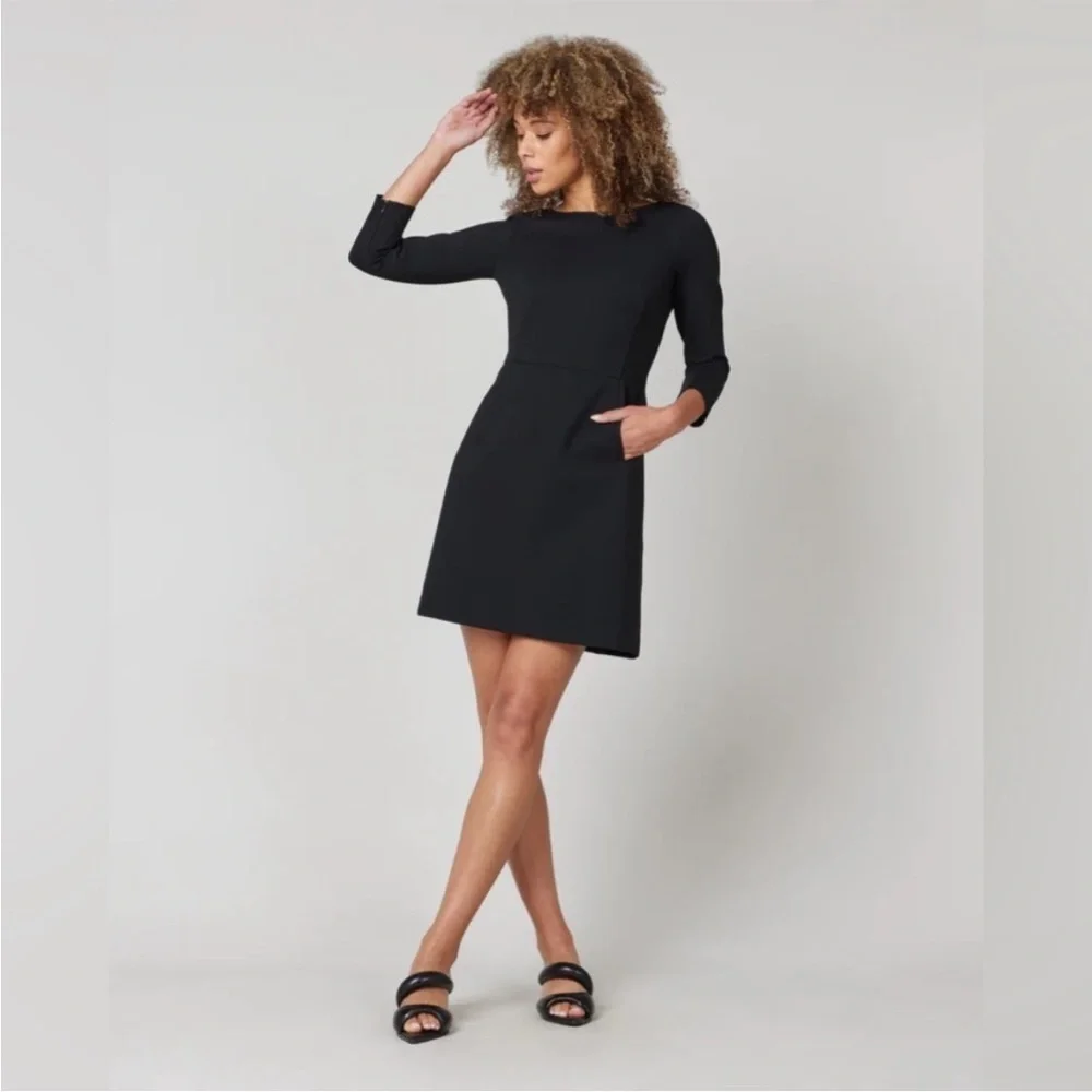 SPANX The Perfect A Line Dress Ponte Stretch 3/4 Sleeve Classic Black Size M